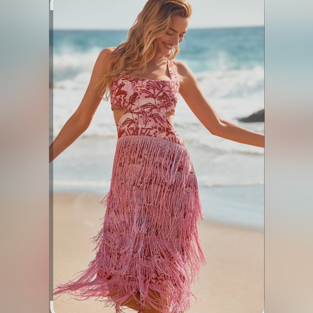 Anthropologie Pink & Coral Backless Fringe Sundress